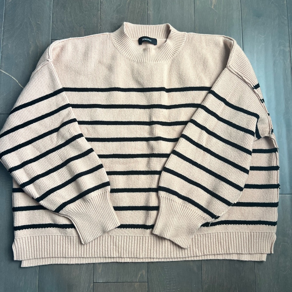 Striped Camel and Black Mock Neck Sweater